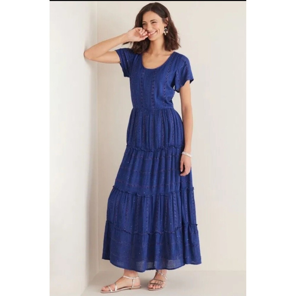 Soft Surroundings Cobalt Blue Eyelet Tiered Maxi Dress